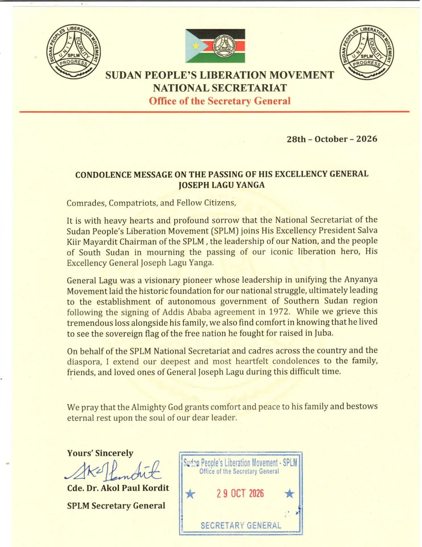 CONDOLENCE MESSAGE ON THE PASSING OF HIS EXCELLENCY GENERAL JOSEPH LAGU YANGA