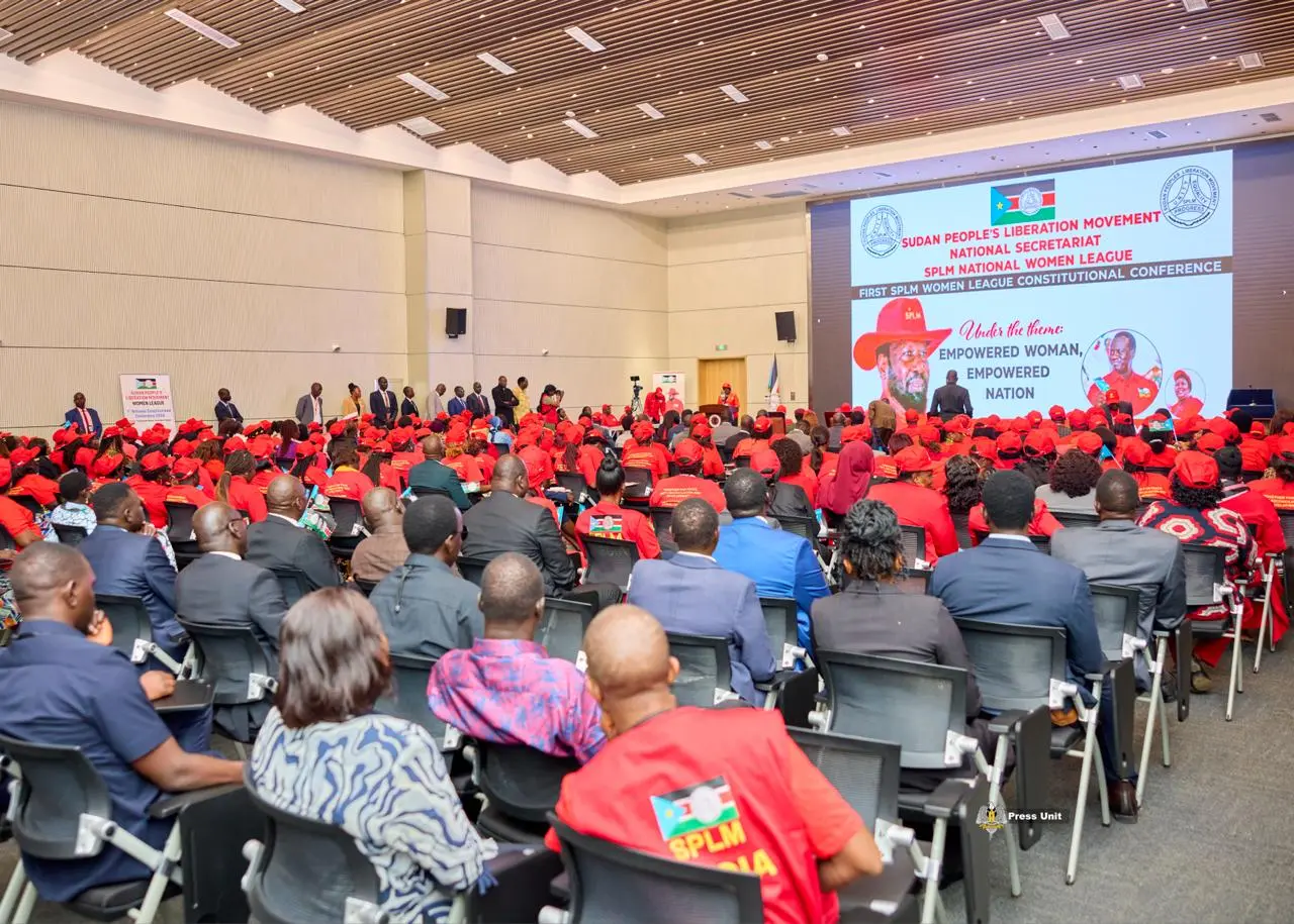A large SPLM leadership meeting in a conference hall in Juba