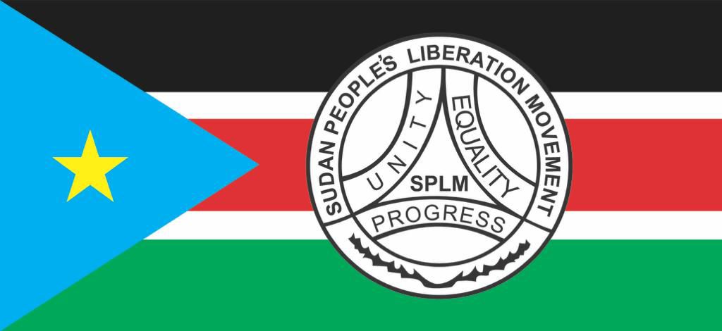 SPLM flag: blue hoist triangle with yellow star, black red and green horizontal stripes separated by thin white lines, official circular SPLM emblem centered on the field.