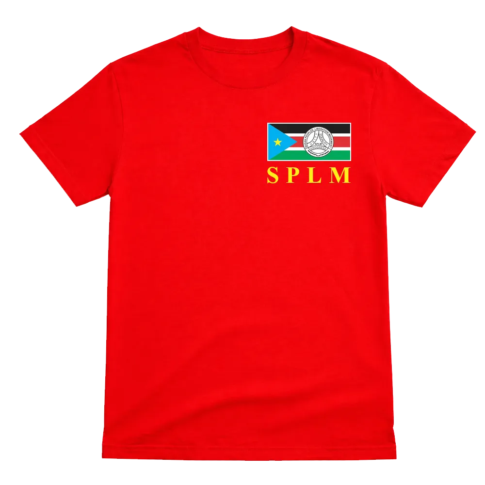 Red SPLM T-shirt with South Sudan flag and circular SPLM emblem on the chest, yellow SPLM lettering below.